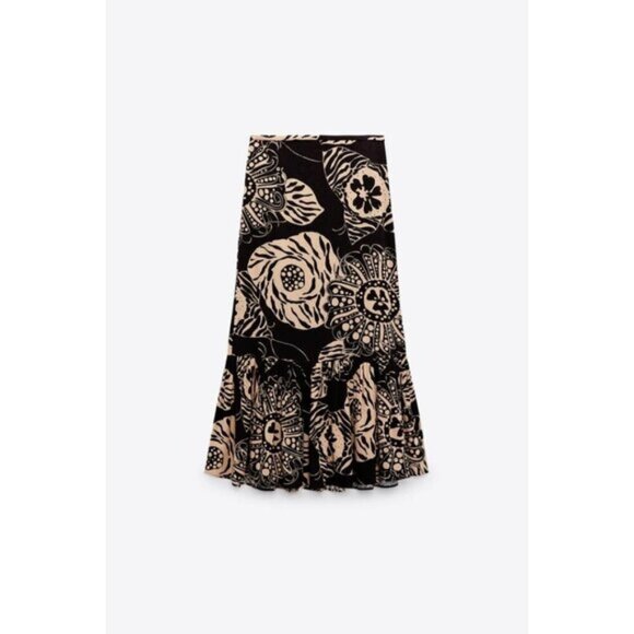 NWOT Zara linen blend botanical print brown & butter tan high waist skirt, XS - Picture 6 of 12